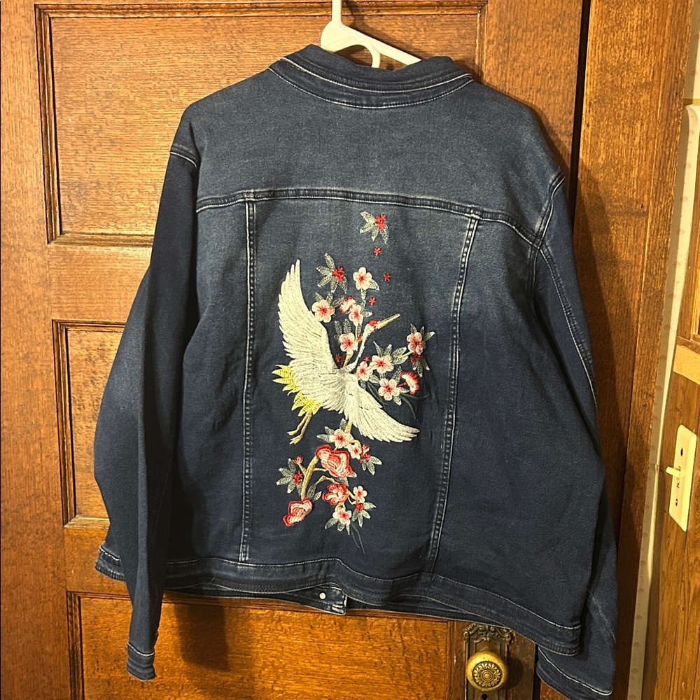 DG2 by Diane Gilman Dark Blue Stretch Jean Jacket w/Embroidered Bird and Flowers